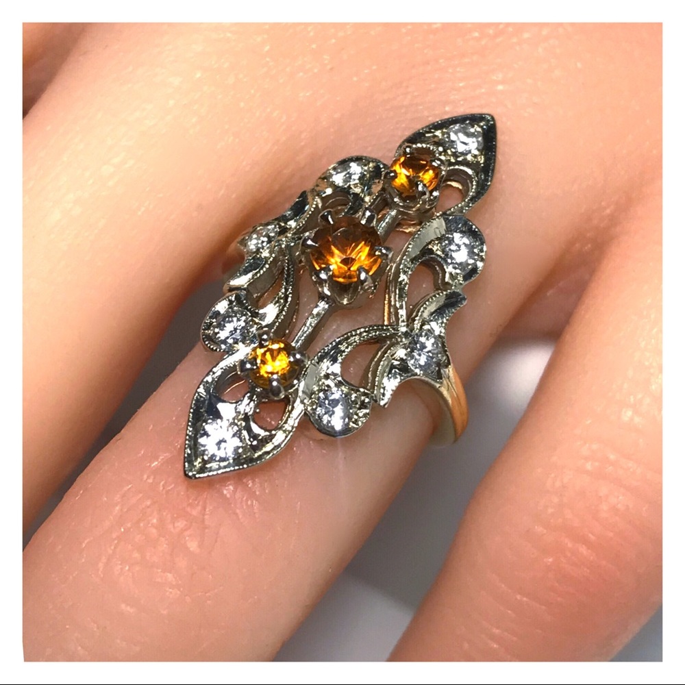 14KT GENUINE 1910’S EDWARDIAN HEAVY DIAMOND & CITRINE ANTIQUE NAVETTE RING - Picture 11 of 11